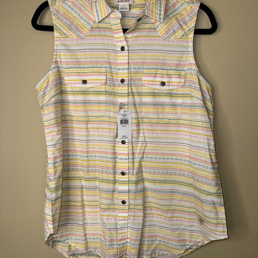 Ariat Shirt Womens Medium Multicolor Stripe Sleeveless Button Front Western